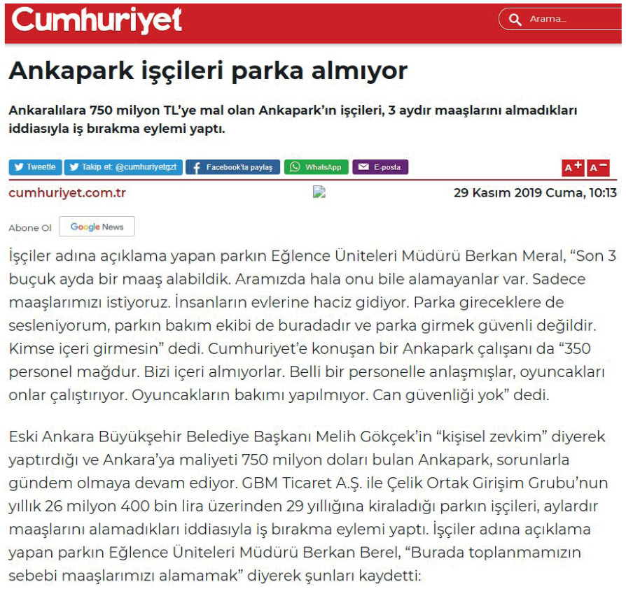 Cumhuriyet – Ankapark işçileri parka almıyor